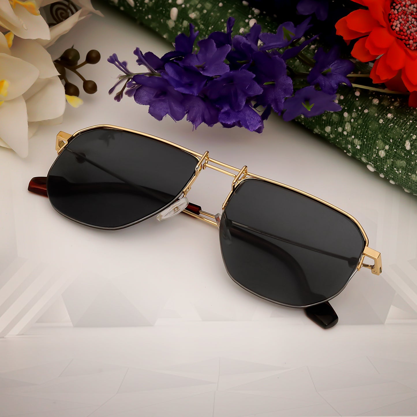 Ploy Gold And Black Retro Square Sunglasses